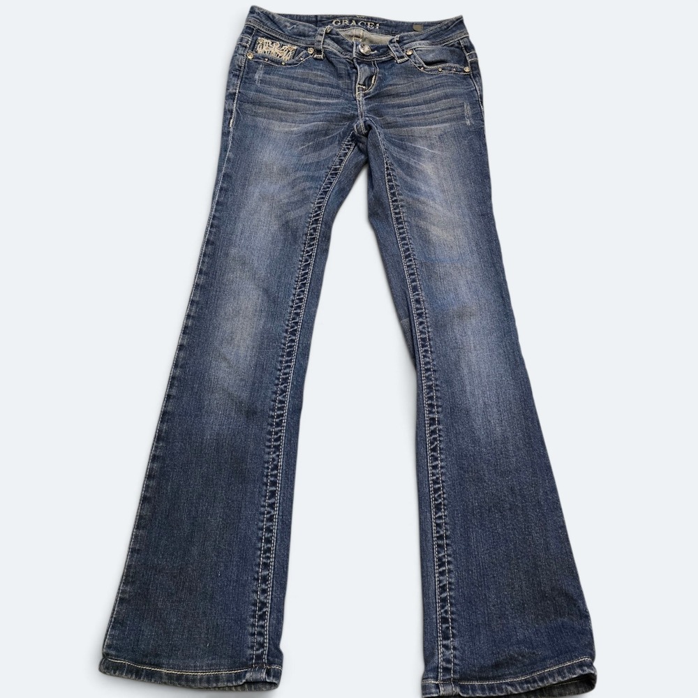 Grace in LA Size 25 Angel Wing Cross Embroidered Bootcut Jeans Medium Wash